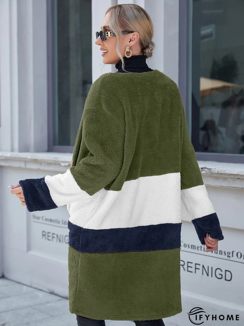 Woolen Cloth Color Matching Casual Loose Mid-length Ladies Coats | IFYHOME