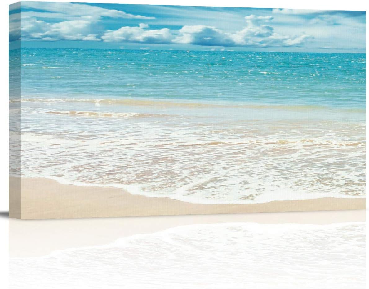 Ocean Themed Wall Art Picture 12x24 inch Painting on Canvas, Framed Wall Decoration Picture Artwork for Living Room Bedroom Decor, Blue Sky White Cloud Beach 12x24 inch
