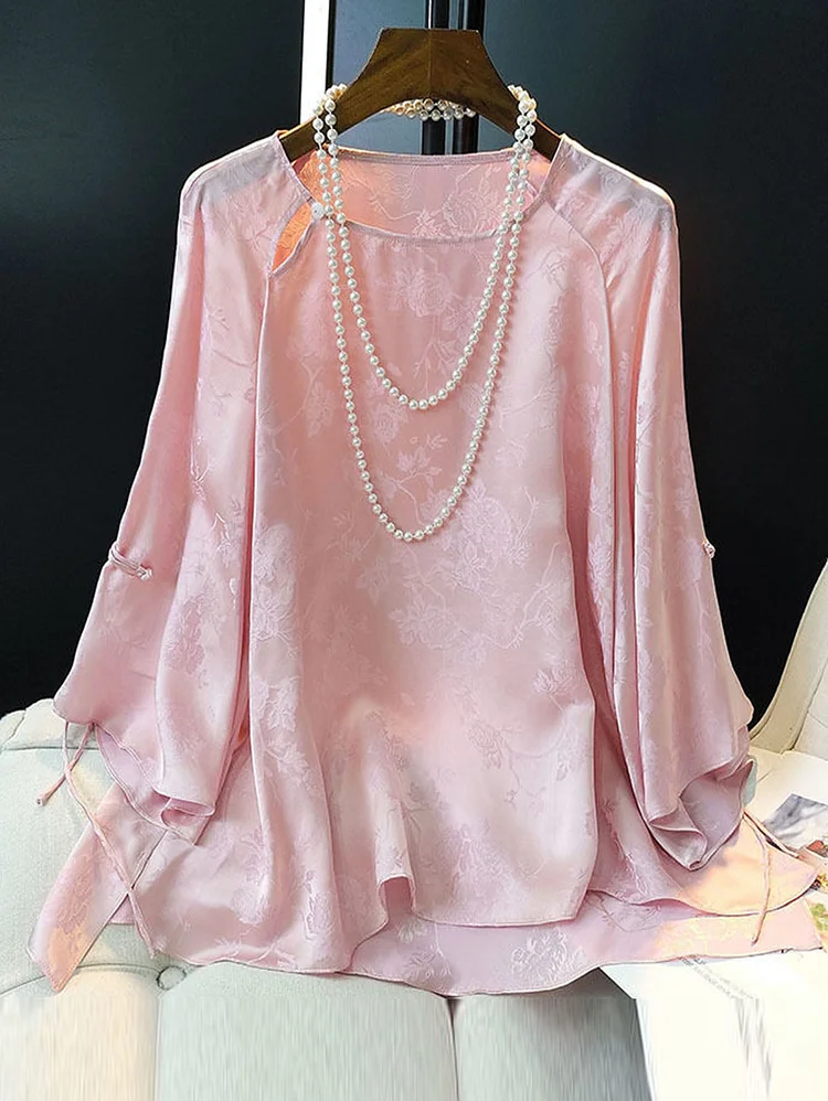 Elegant Pale Pink Jacquard  Round Neck Trumpet Sleeve Loose Shirt