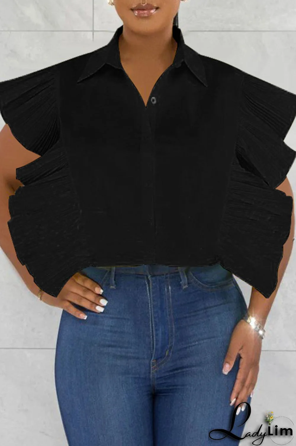 Rose Red Casual Solid Patchwork Buckle Flounce Turndown Collar Tops