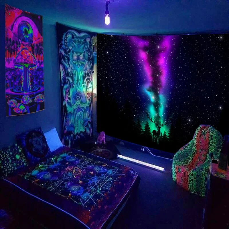 Fluorescent Starry Tapestry Skeleton Mushroom Psychedelic Black Light Wall Hanging Cloth DIY Home Decoration Trippy Room Decor