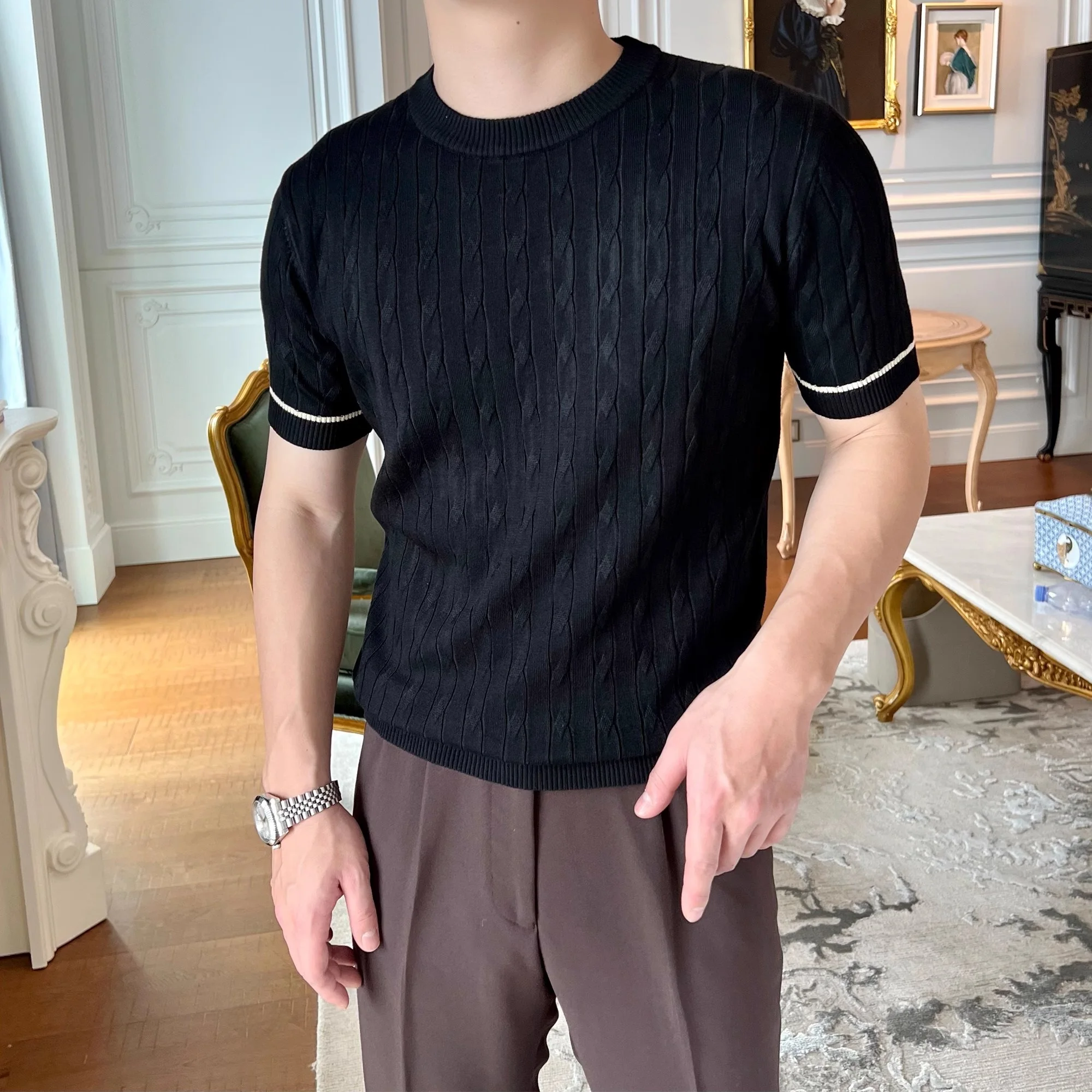 Men's Fashion Knit T-Shirt Slimming Style Round Neck Short Sleeves Lightweight Summery Tops Screw Thread Base Layer