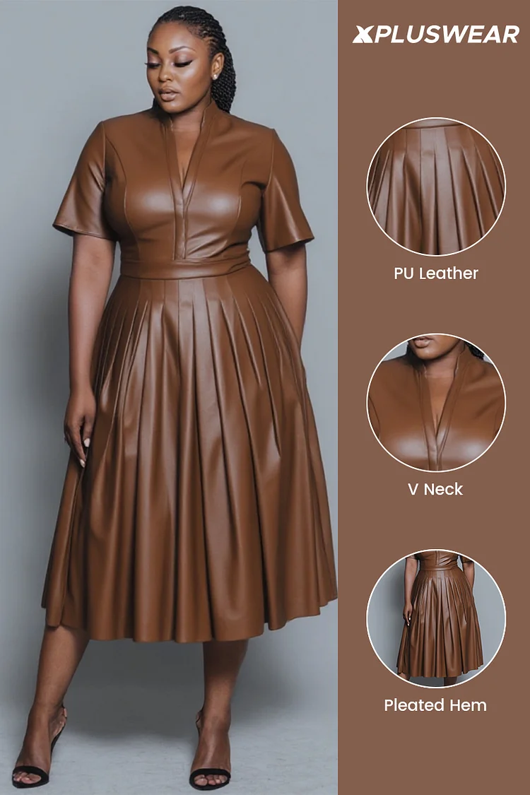 Xpluswear Design Plus Size Business Casual Brown V Neck Short Sleeve Pleated Elegant PU Leather Midi Dresses Xpluswear Design Plus Size Business Casual Brown V Neck Short Sleeve Pleated Elegant PU Leather Midi Dresses