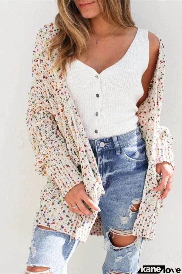 Multicolor Pom Poms Collarless Knit Cardigan