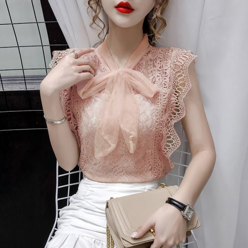 Solid Hollow Out Shirt Vintage Sleeveless Korean Fashion Women Clothing 2021 Women Tops and Blouses Lace Patchwork Blusas 9811