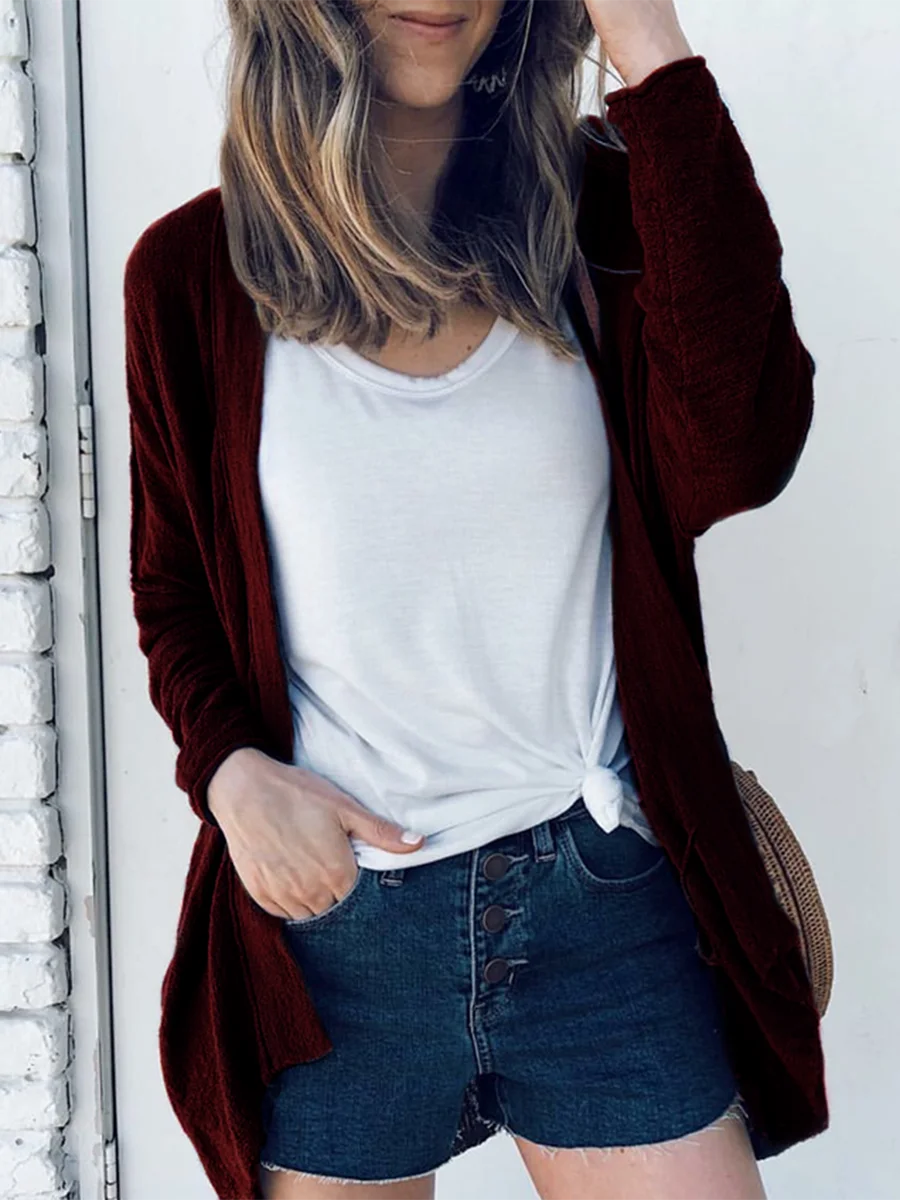 Knitted Solid Color Irregular Hem Cardigan