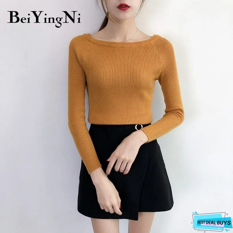 Christmas Gift Beiyingni Sexy Sweaters Womens Solid Slash Neck Tops Female Korean Streetwear Basic Sweater Ladies Pullover Autumn Winter Jumper