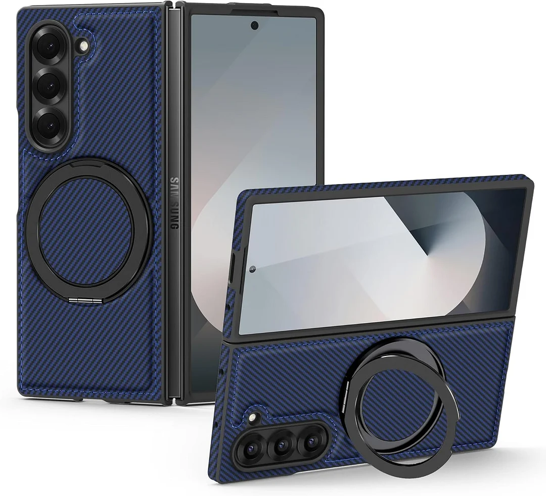 Magnetic for Samsung Galaxy Z Fold 7 Carbon Fiber Case with Stand, [Compatible with MagSafe] Aramid Fiber Twill 360&deg; Rotation Kickstand Thin PC Shockproof Case, Coffee