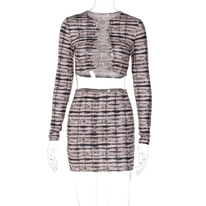 Hugcitar Print Satin Long Sleeve  Bandage Sexy Crop Top Mini Dress 2 Pieces Set 2021 Fall Winter Women Party Y2K Elegant