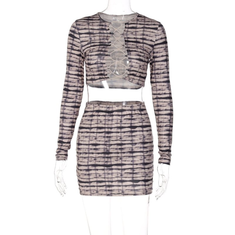 Hugcitar Print Satin Long Sleeve  Bandage Sexy Crop Top Mini Dress 2 Pieces Set 2021 Fall Winter Women Party Y2K Elegant