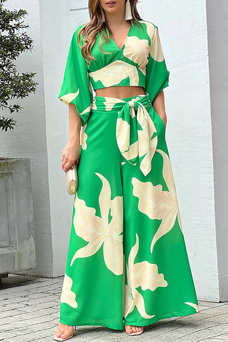 Long Lantern Sleeve V Neck Blouses Floral Print High Waist Wide Leg Pants Matching Set