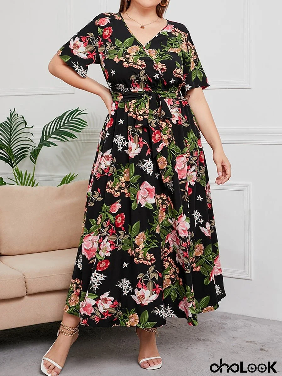 Plus Size Printed Surplice Short Sleeve Maxi Dress