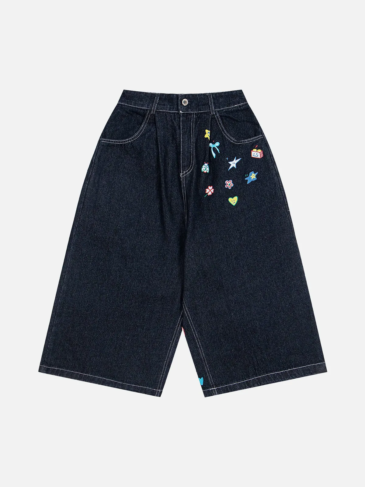 Dark Blue Washed Fun Cartoon Print Baggy Longline Jorts Front