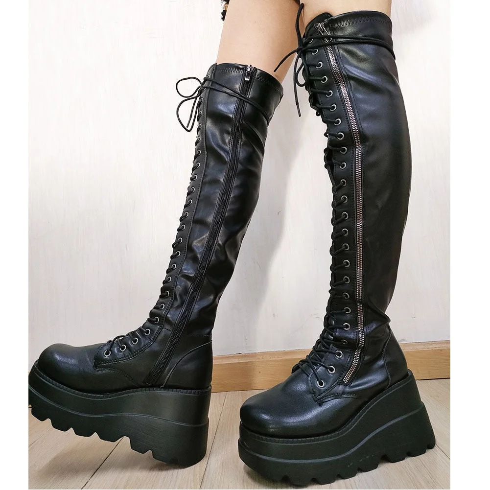 Vstacam Brand Design Female Wedges High Heels Thigh High Boots Fashion Black Platform Boots Women 2022 Gothic Cosplay Shoes Woman