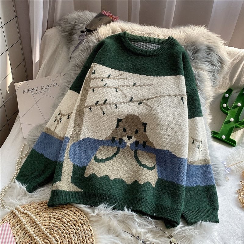 2021 new autumn clothes Japanese cartoon pattern sweater women lazy wind loose fall and winter outer wear pullover knit top