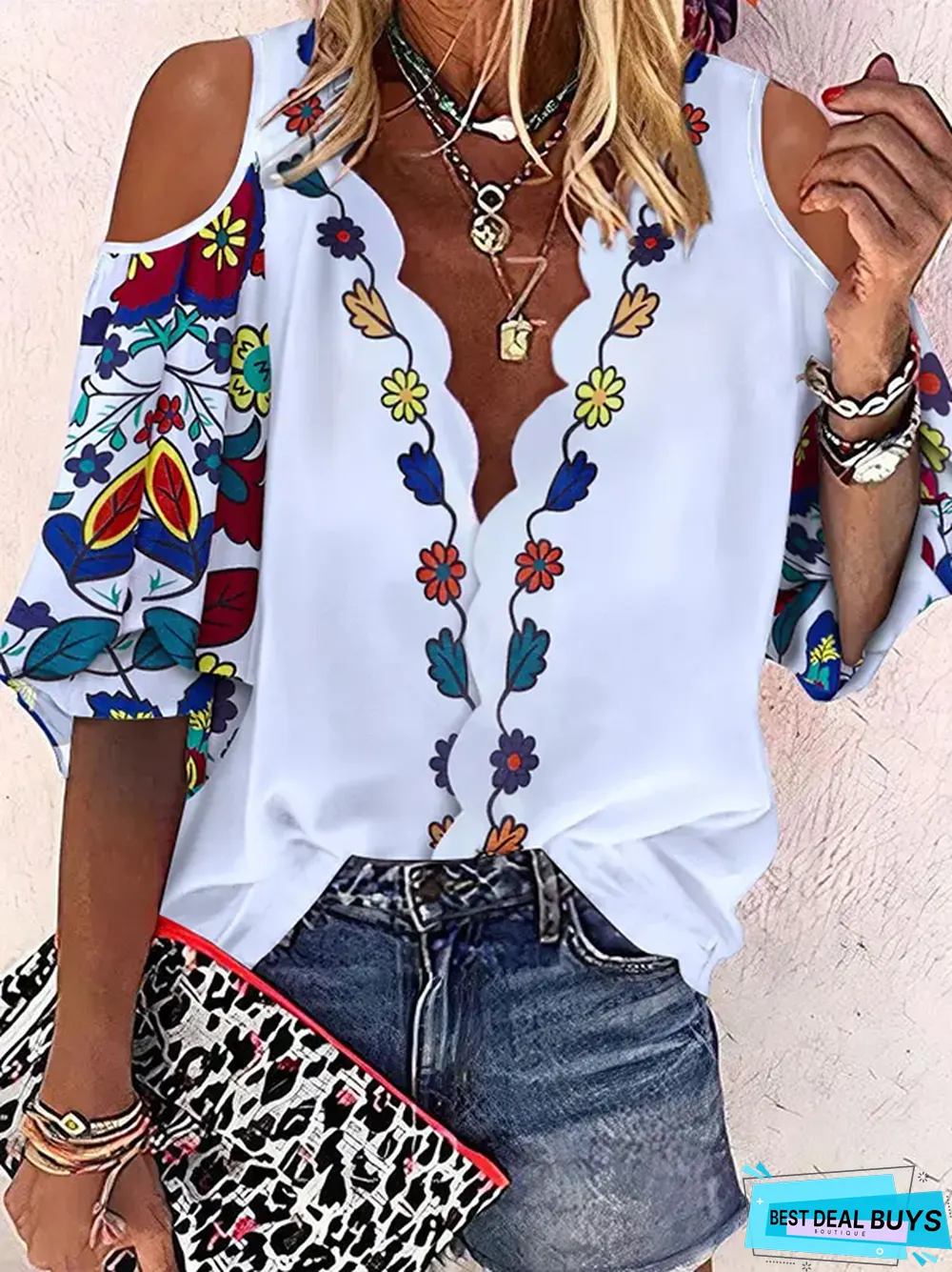 Half sleeve V Neck Floral Tops