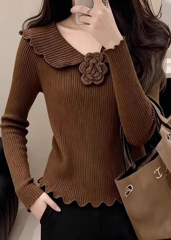 Vintage Coffee Peter Pan Collar Floral Solid Cotton Knit Sweater Spring