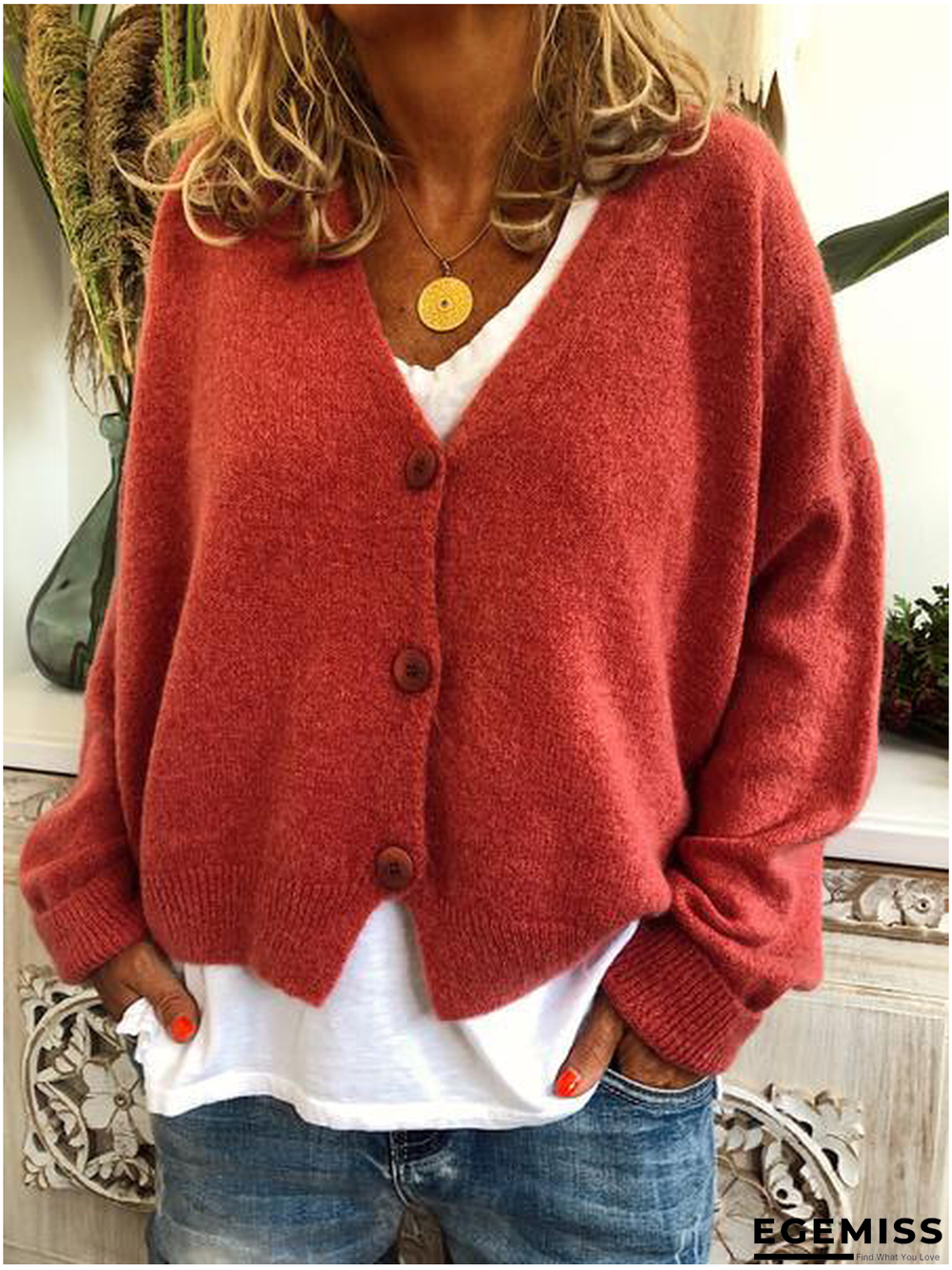 Fashion Long Sleeve Solid Wool Blend V Neck Sweaters | EGEMISS