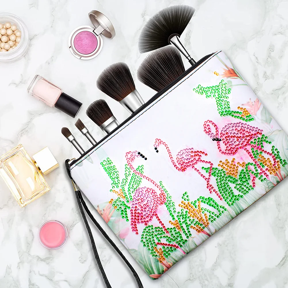 DIY Flamingo Diamond Art Cosmetic Bag Flowers Single Sided PU Women Clutch