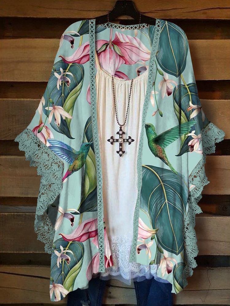 Plus Size Casual Printed Kimono Jacket P178354214