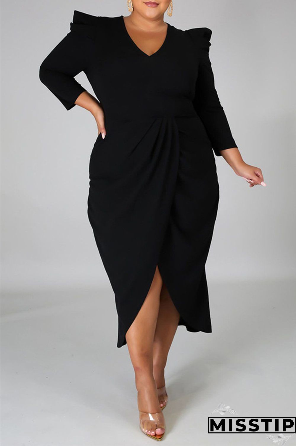Black Fashion Casual Solid Patchwork V Neck Long Sleeve Plus Size Dresses