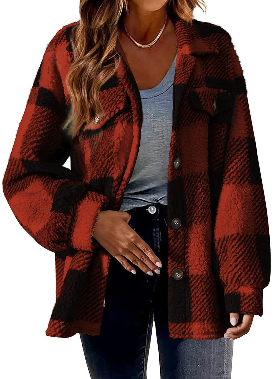 Uveng Uveng Women's 2025 New Autumn And Winter With Pocket Lattice Lamb Jacket Button Plush Jacket