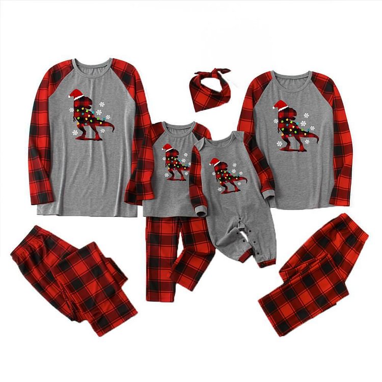 Merry Christmas Red Hat Dinosaur Grey Top With Black&Red Plaid Pants Matching Pajamas