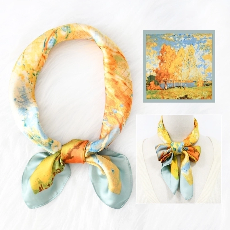 2 Pieces Women’s Elegant Plaid Flower Horse Satin Silk Scarf