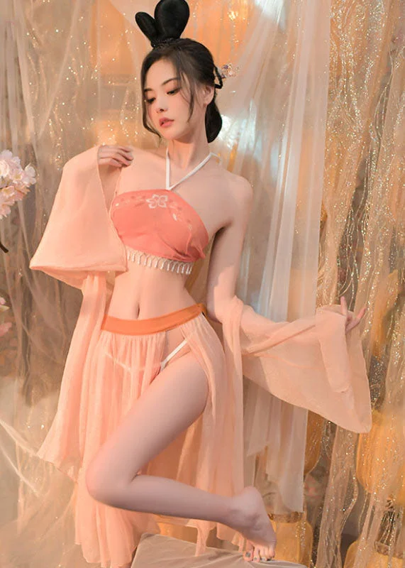 Boho Orange Halter Fringe Trim Lace Up Silk Lingerie Set