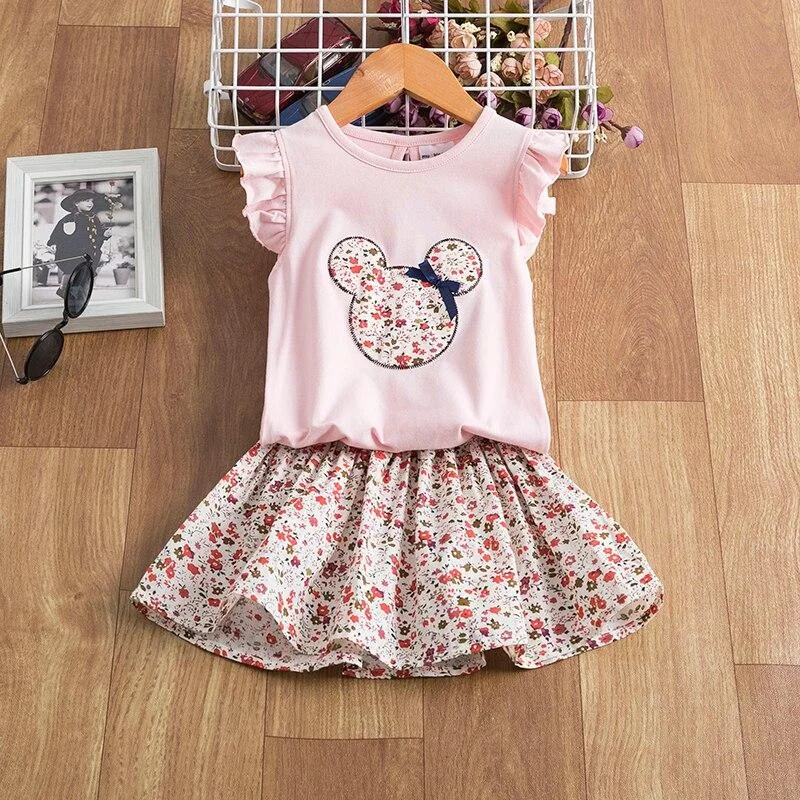 Baby Girls Clothes Set Summer Ruffle Sleeve T-shirt+Floral Print Skirt Toddler Kids Bear Cartoon Outfits Suit Children Tracksuit