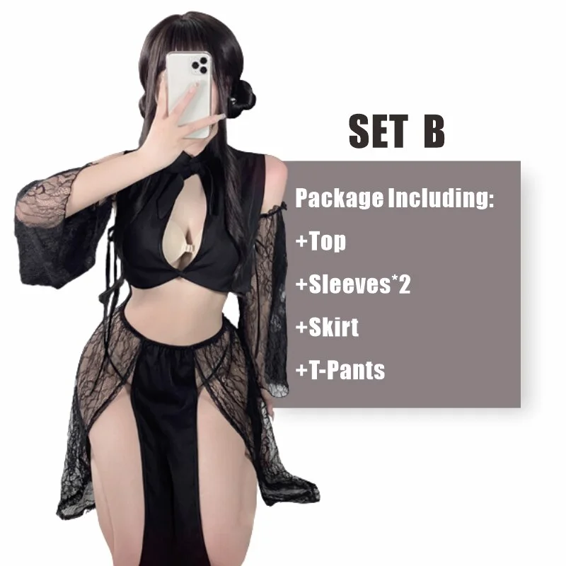 Billionm OJBK Women Lingerie Dress Erotic Temptation Lace Cheongsam Suit High Split Nightwear Hollow Open Bust Transparent Clothing 2022
