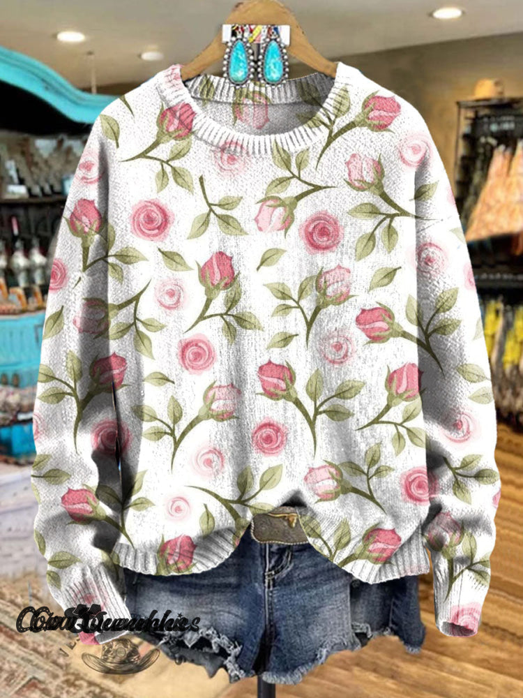 Vintage Rose Art Print Knit Pullover Sweater Multicolor / S