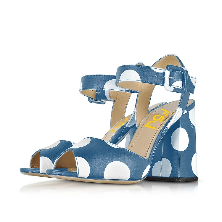 Women's Blue and White Polka Dots Block heel Sandals |FSJ Shoes