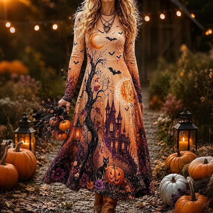Women's Retro Halloween Castle Pumpkin Black Cat Bat Print Round Neck Long Sleeve Dress