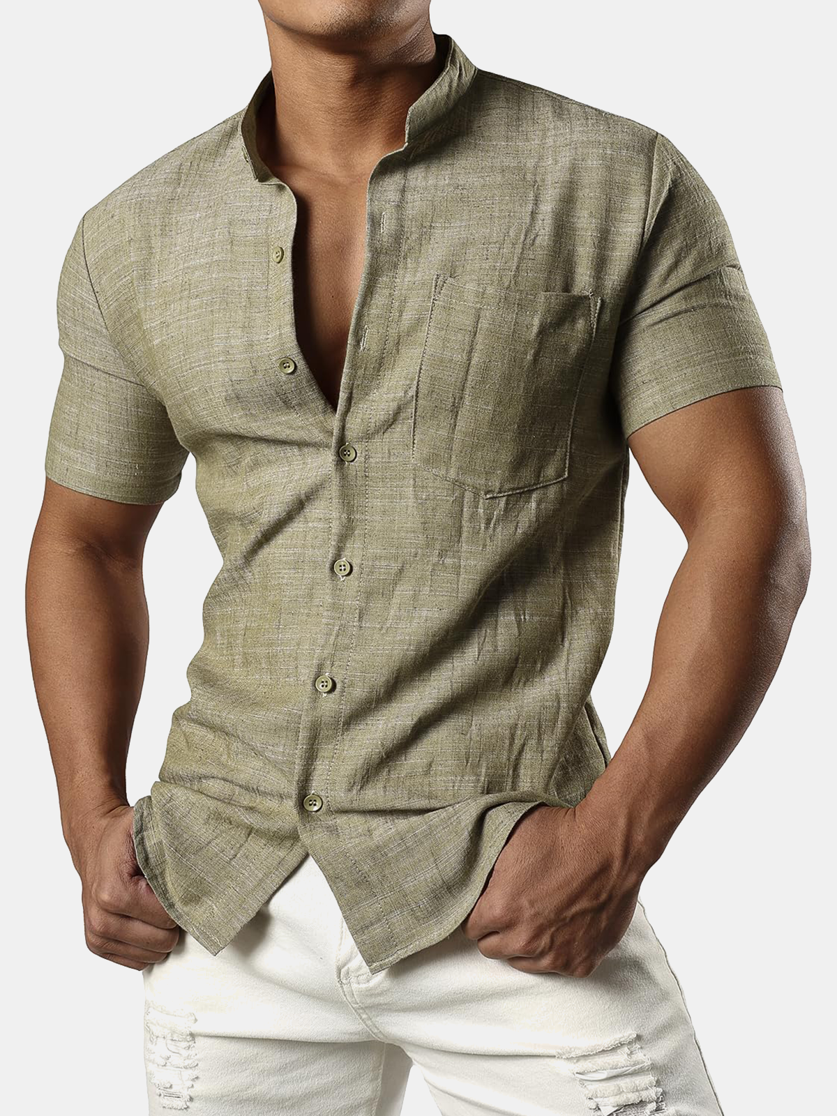 Men's Casual Cotton Linen Henley Pocket Short Sleeve Hawaiian Beach Shirt