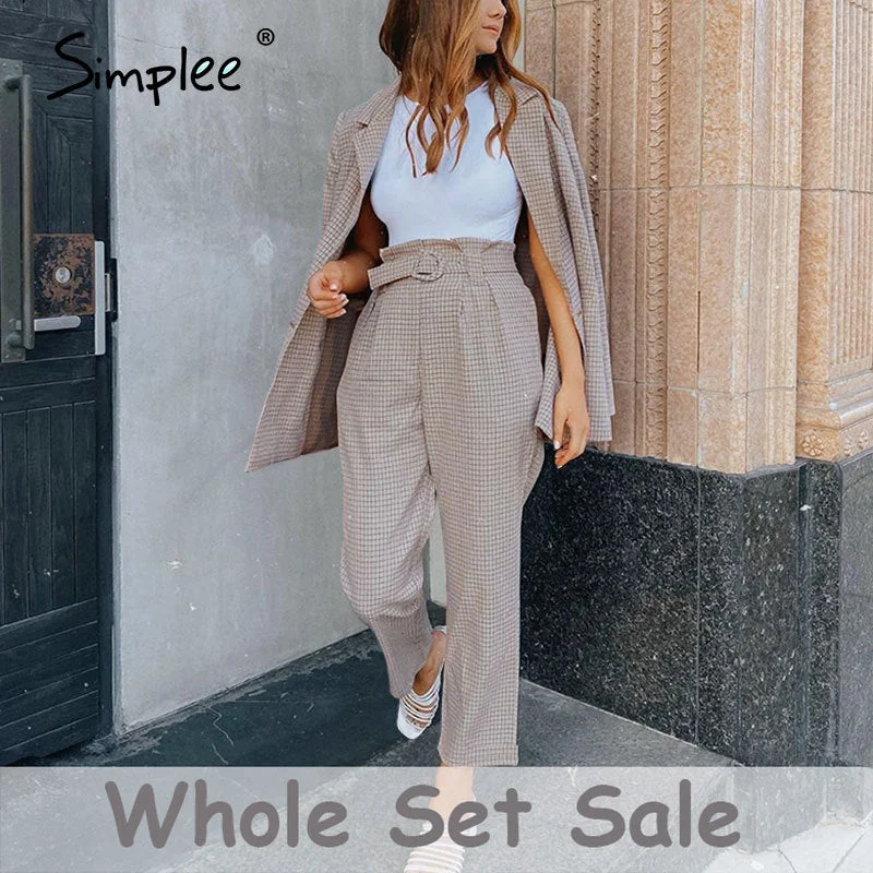 Simplee Fashion plaid women blazer suits Long sleeve Single-breasted belt blazer pants set Office ladies two-piece blazer sets