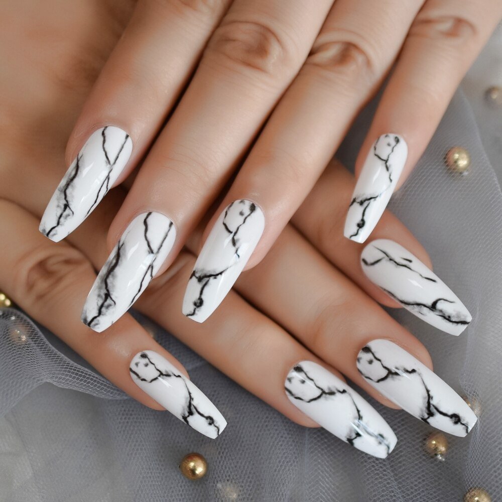 Applyw Dark Silver Strass Fake Nails Studs Extra Long Horse Shoe Metal Coffin Faux Ongles with Decorative Stones Frosted Maniture Tips