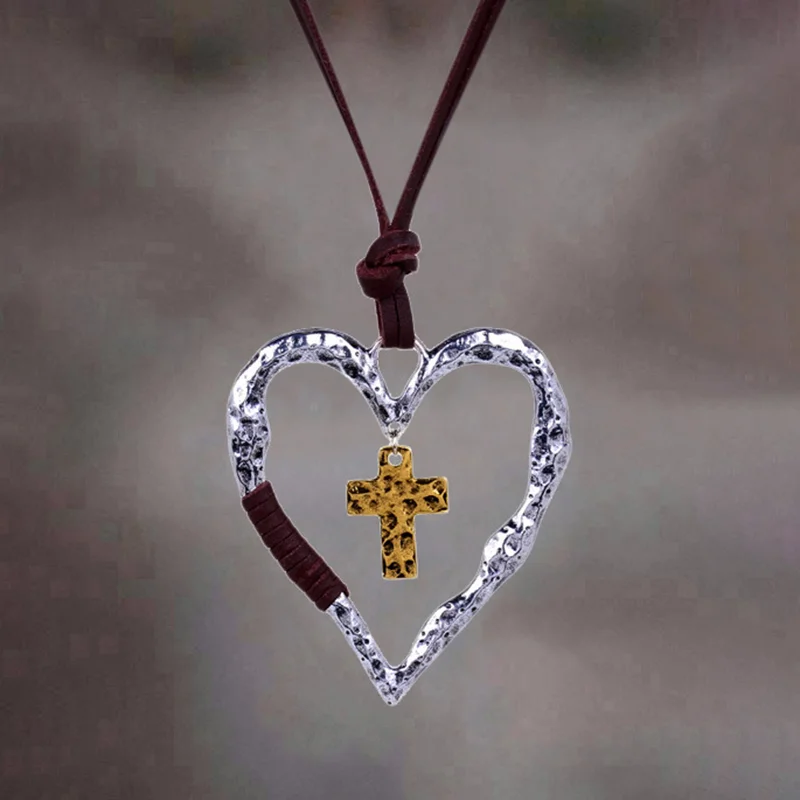 Cutout Heart Cross Leather Rope Necklace