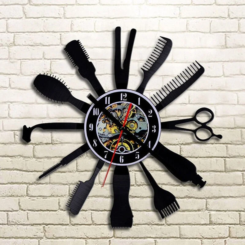 Barber Shop Wall Clock Modern Barbershop Decoration Vinyl Record Wall Clock Hanging Hairdresser Wall Watch for Barber Salon