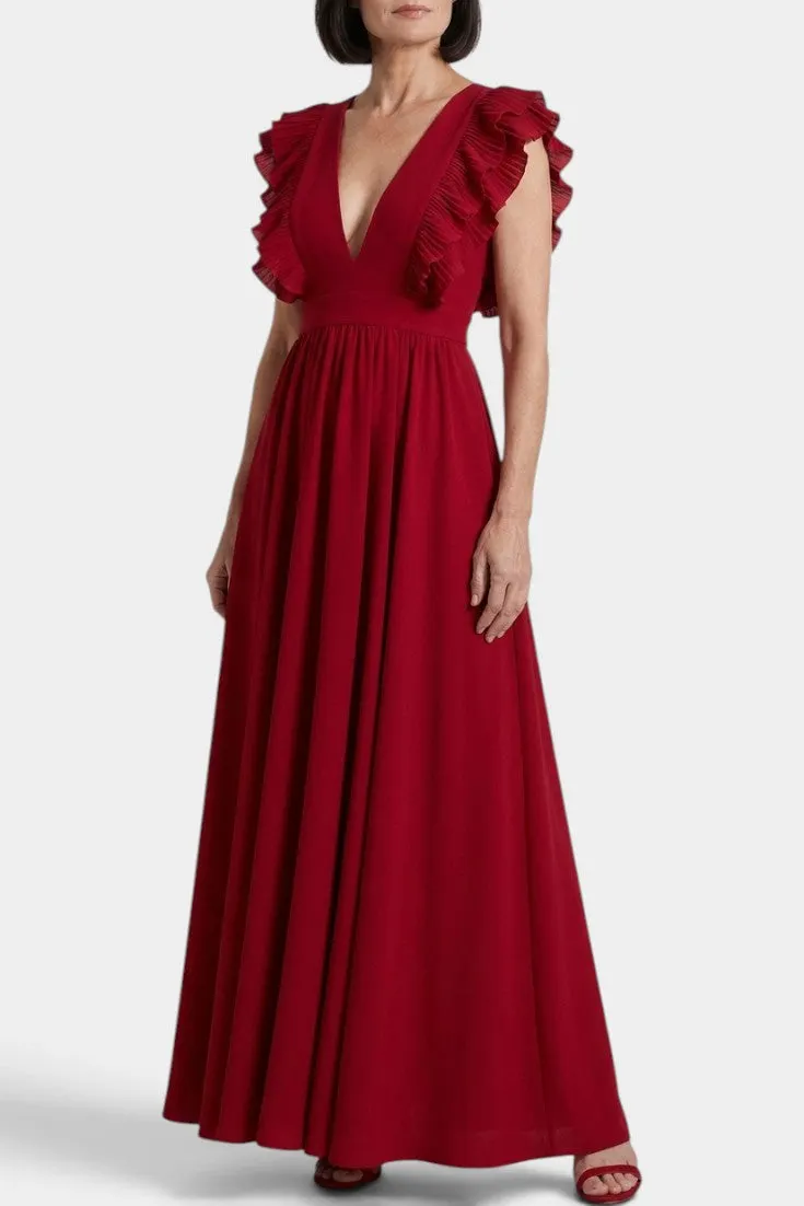 Deep V-Neck Maxi with Ruffled Cap Sleeves