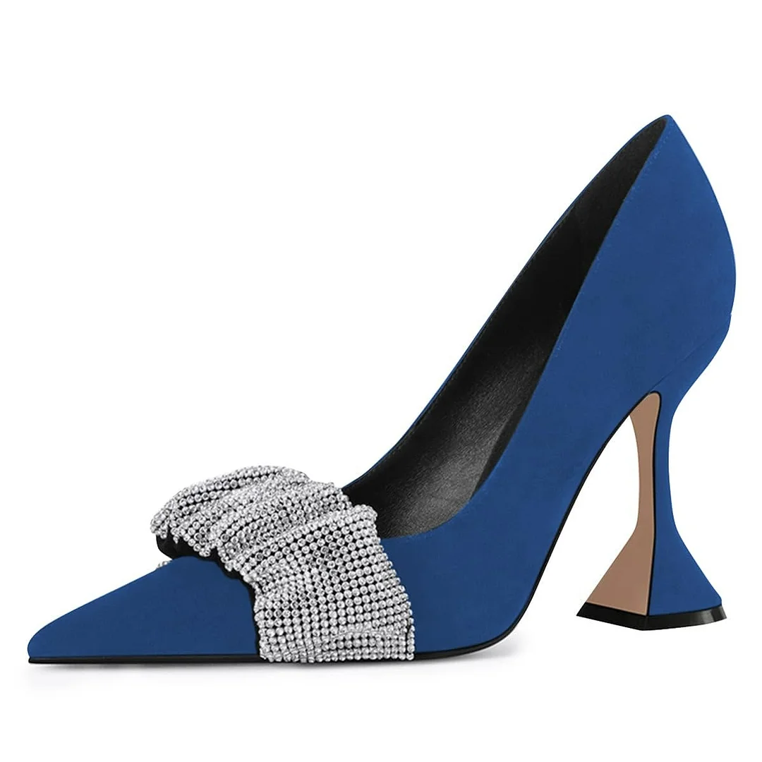 Blue Pointed Toe Rhinestone Embellished Flared Heel Pumps Shoes