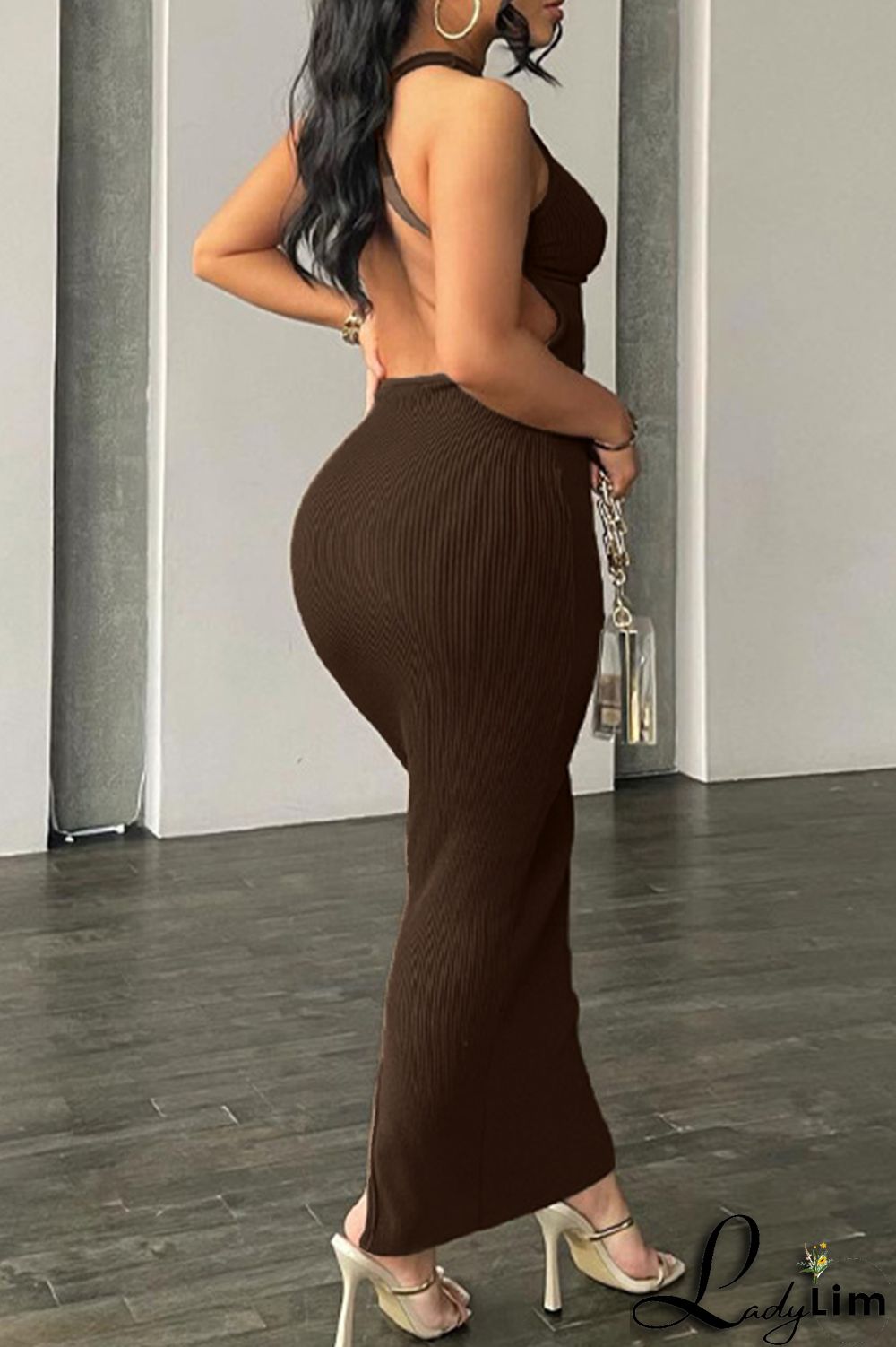 Coffee Fashion Sexy Solid Backless O Neck Sleeveless Dress Dresses