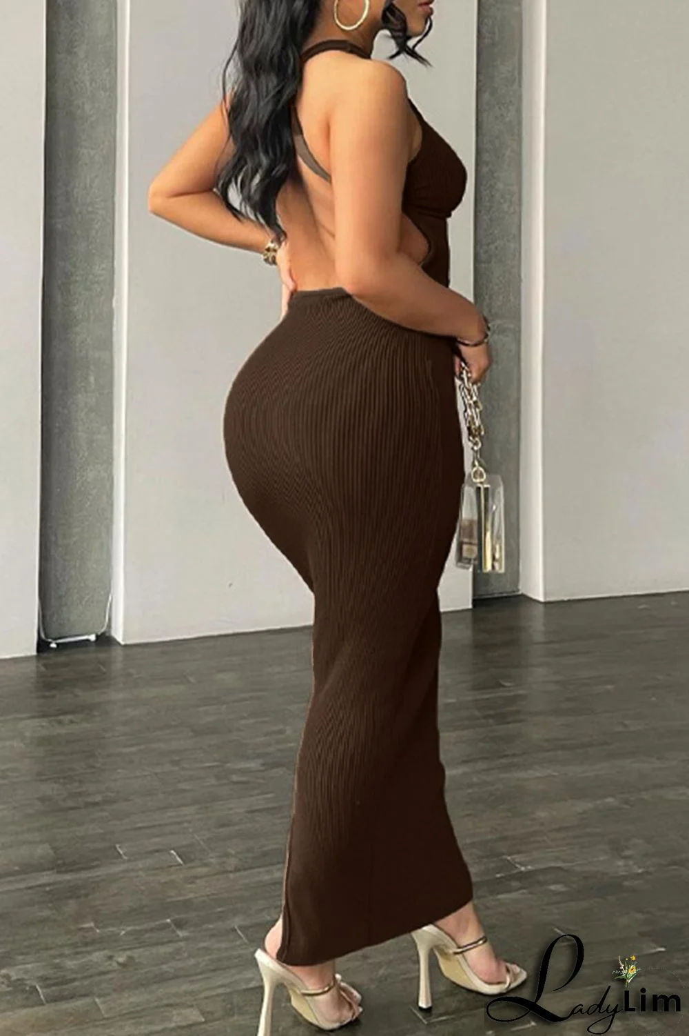 Coffee Fashion Sexy Solid Backless O Neck Sleeveless Dress Dresses