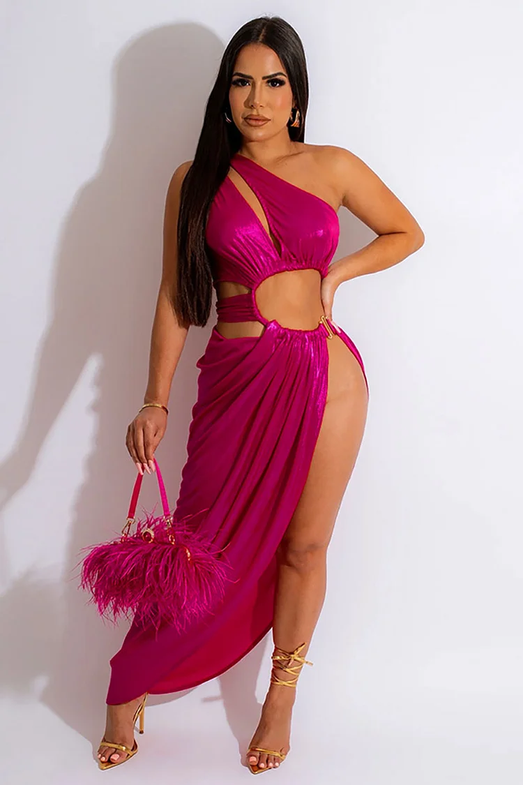 Bronzing Cut Out One Shoulder Sleeveless High Slit Ruched Asymmetric Hemline Party Maxi Dresses