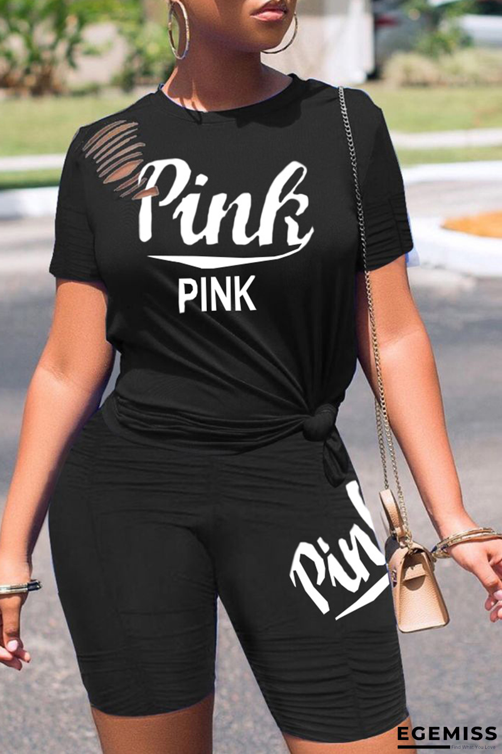 Black Casual Print Hollowed Out O Neck Short Sleeve Two Pieces | EGEMISS