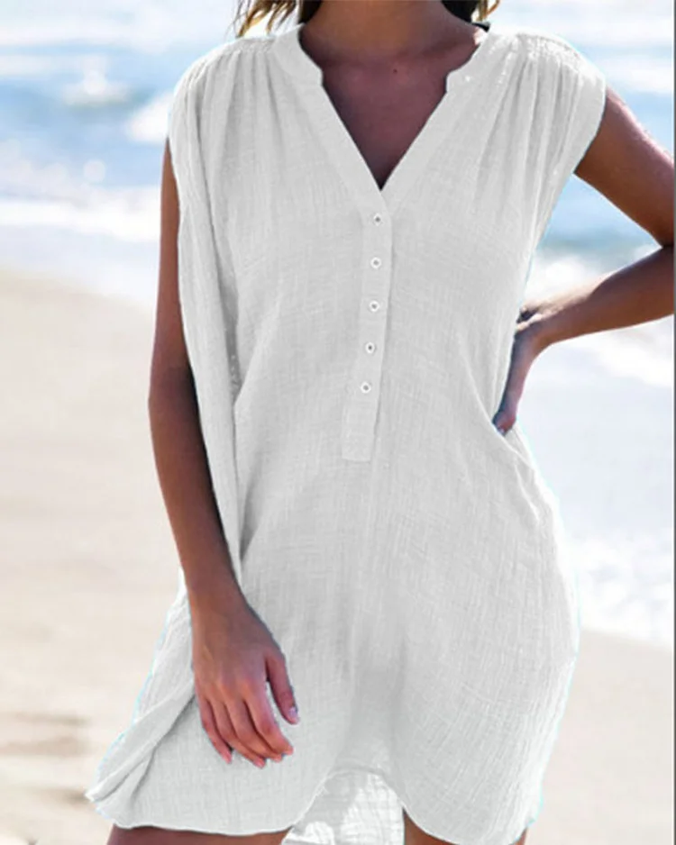 Fashion V Neck Button Casual Sleeveless Dress