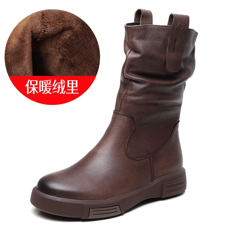 Yyvonne Layer Kraft Mid-Sleet Boots Women Autumn And Winter New Flat Bottom Comfortable Side Zipper Martin Boots Retro Style Horse Boots
