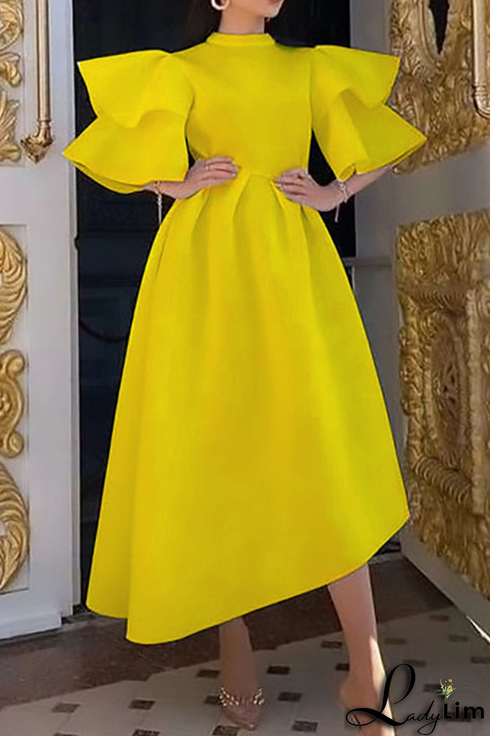 Yellow Fashion Formal Solid Patchwork Half A Turtleneck Evening Dress