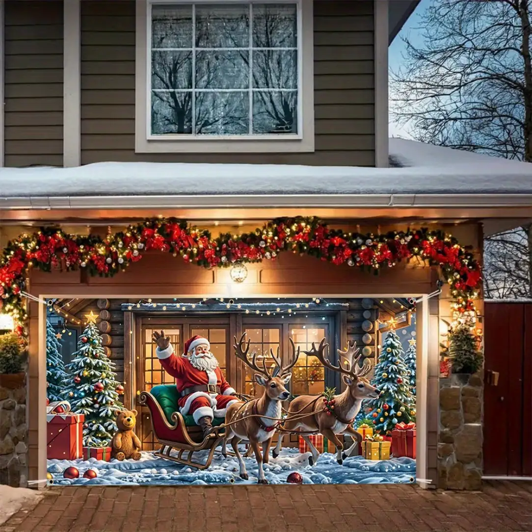 Tegooe Festive Christmas Garage Door Banner - Santa Sleigh Reindeer Holiday Decoration Multiple Sizes