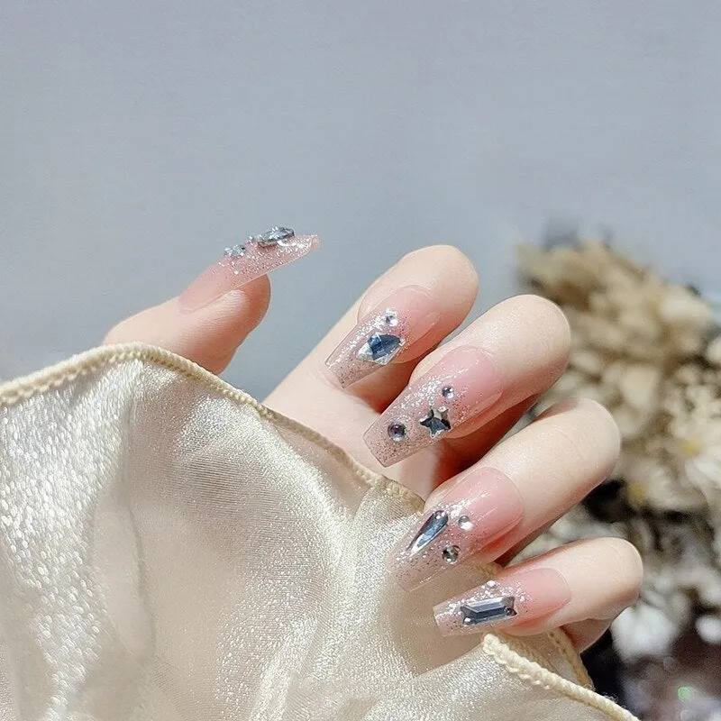 24PCS Fake Nail Exqusite Pearl Decor Girls Mid Length Coffin Ballet Press On Nails Full Cover Fake Nail Long Paragraph Fake Nail-Nail Inspo